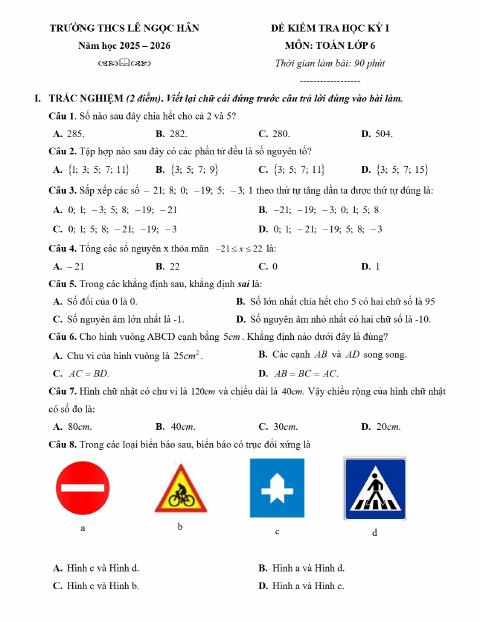 Đề thi Học kì 1 Toán 6 năm 2025-2026 trường THCS Lê Ngọc Hân (Hà Nội)